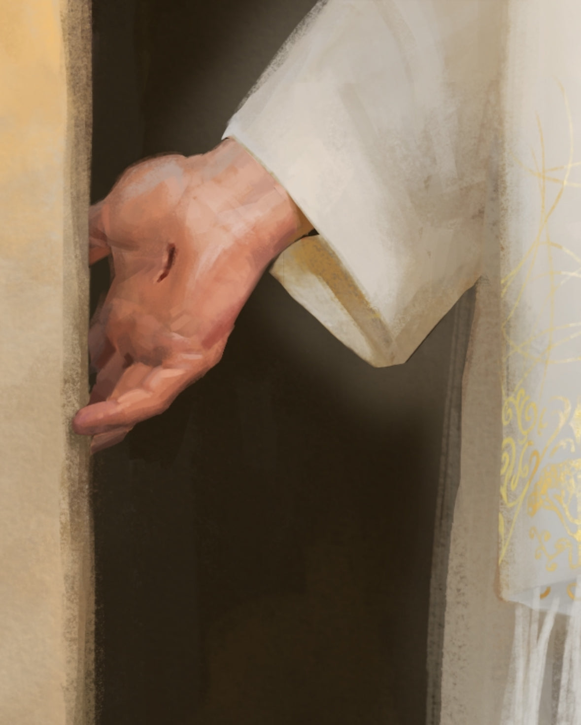 detail of the resurrected Christ's hand as he emerges from the tomb