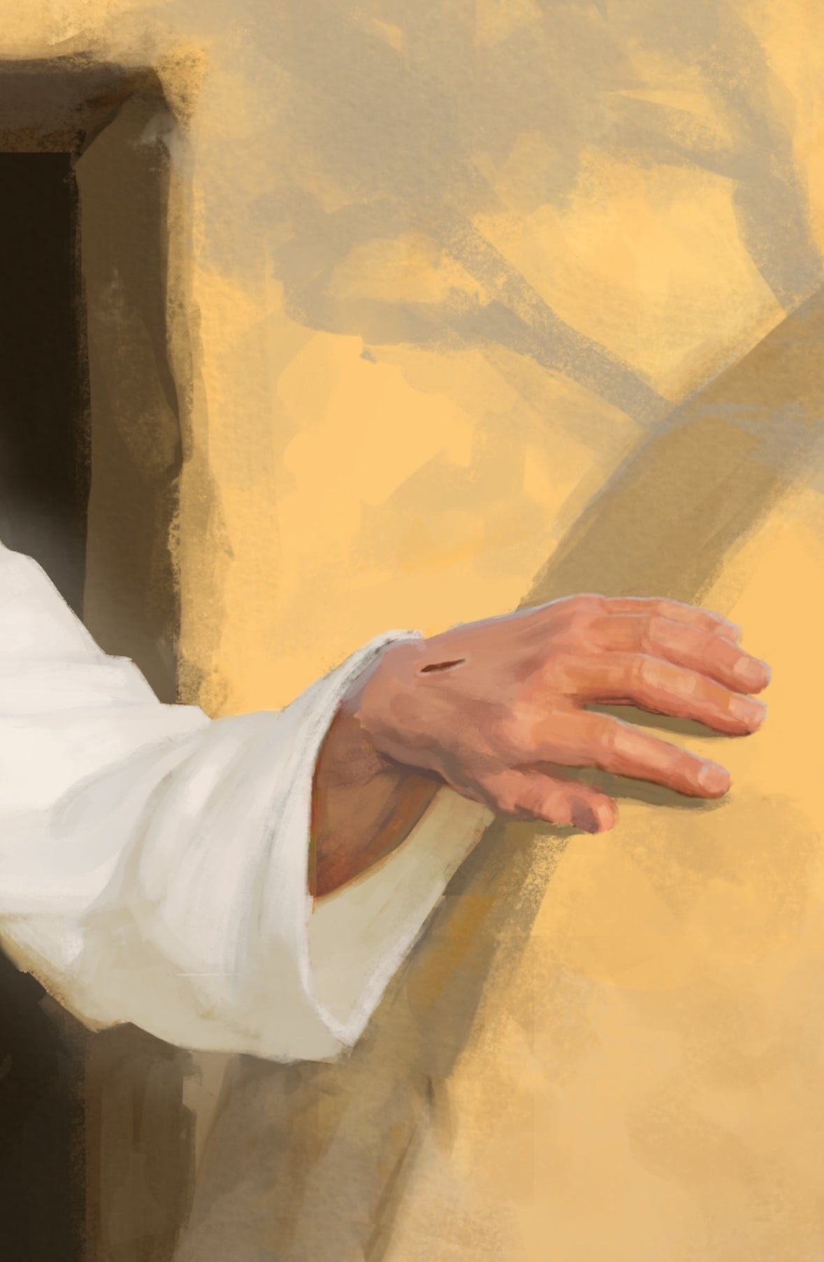 detail of Christ's hand as he emerges from the tomb, resurrected