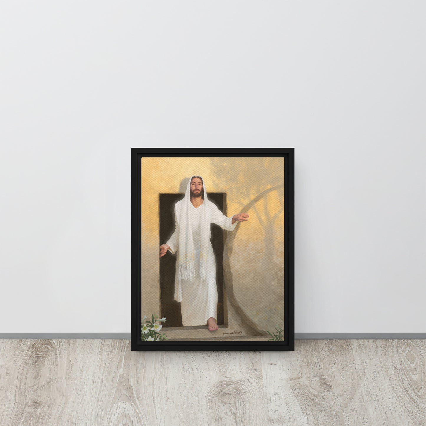 small framed canvas print of The resurrected Christ emerging from the tomb bathed in radiant morning light rays