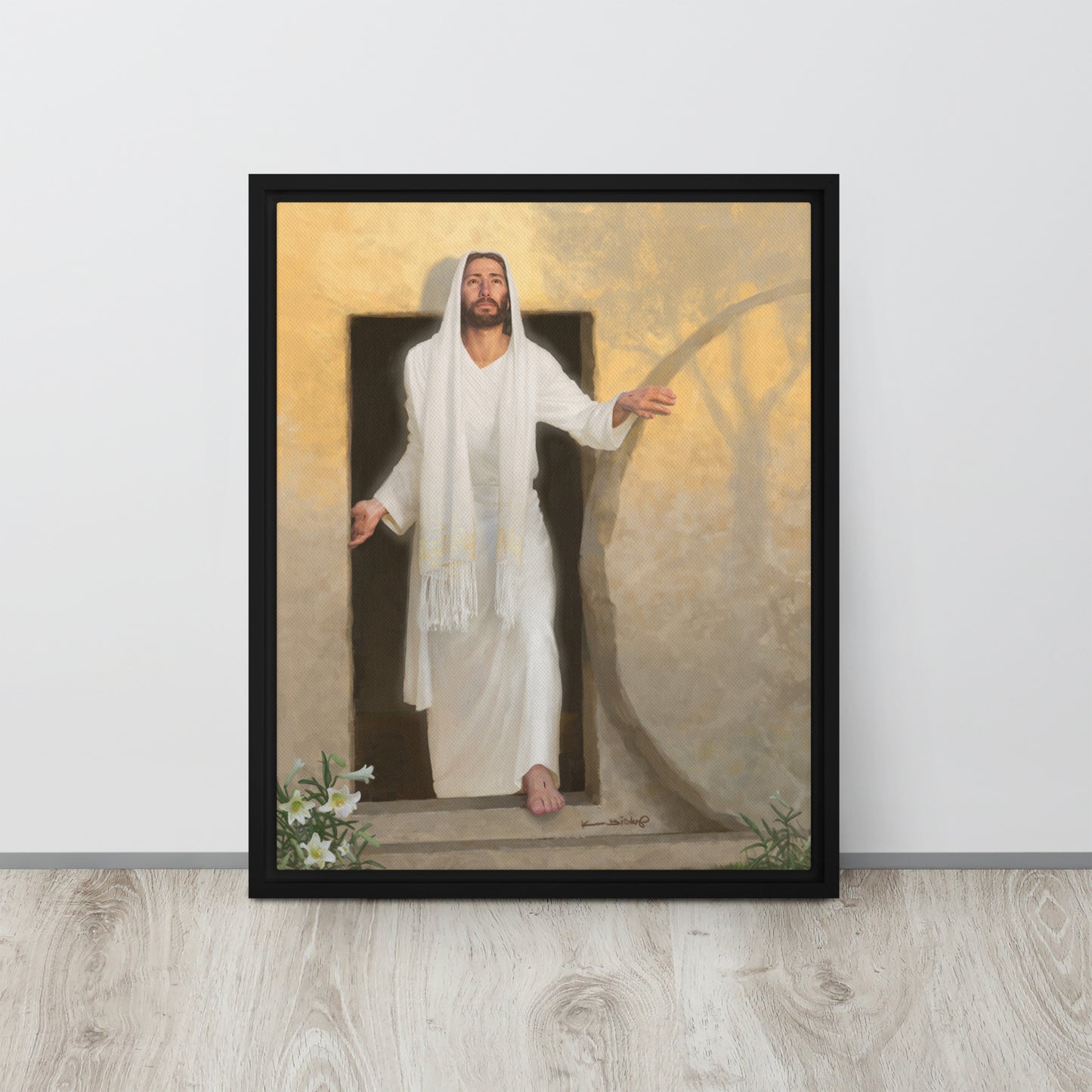 framed canvas print of The resurrected Christ emerging from the tomb bathed in radiant morning light rays