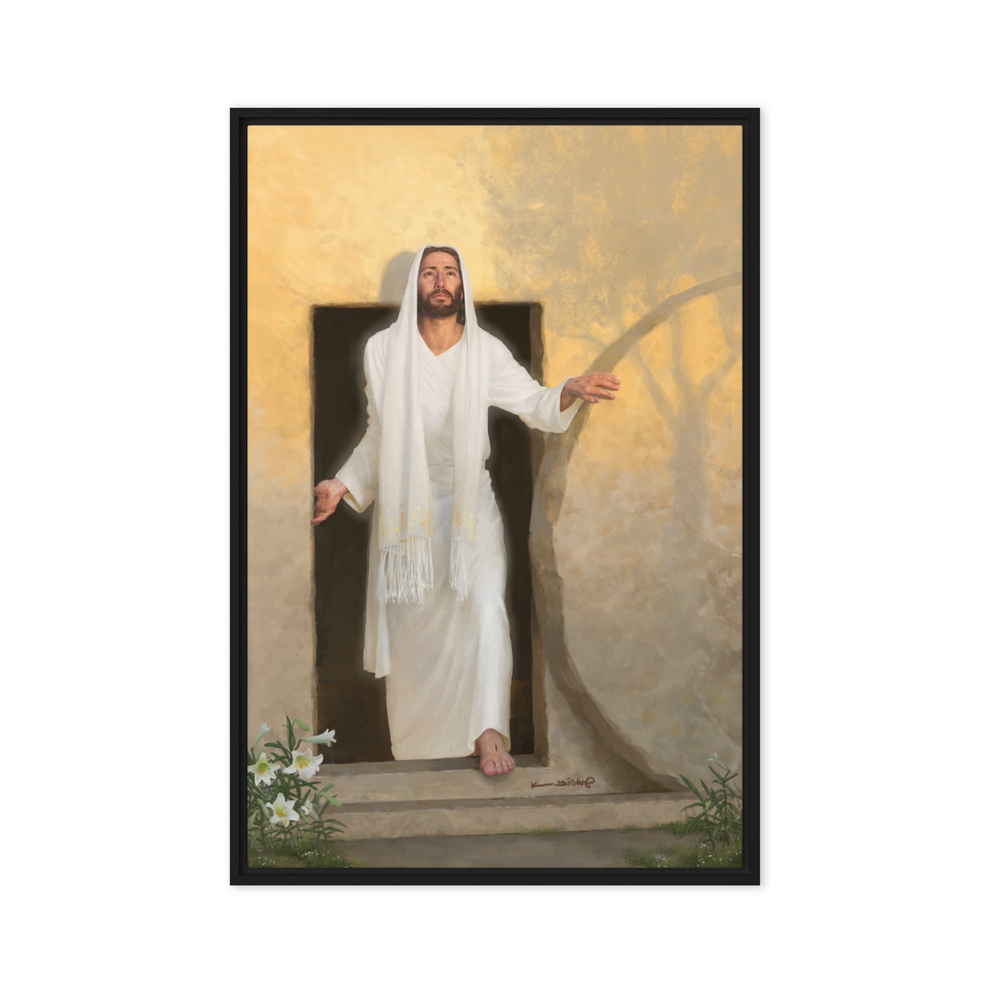 framed canvas print of The resurrected Christ emerging from the tomb bathed in radiant morning light rays