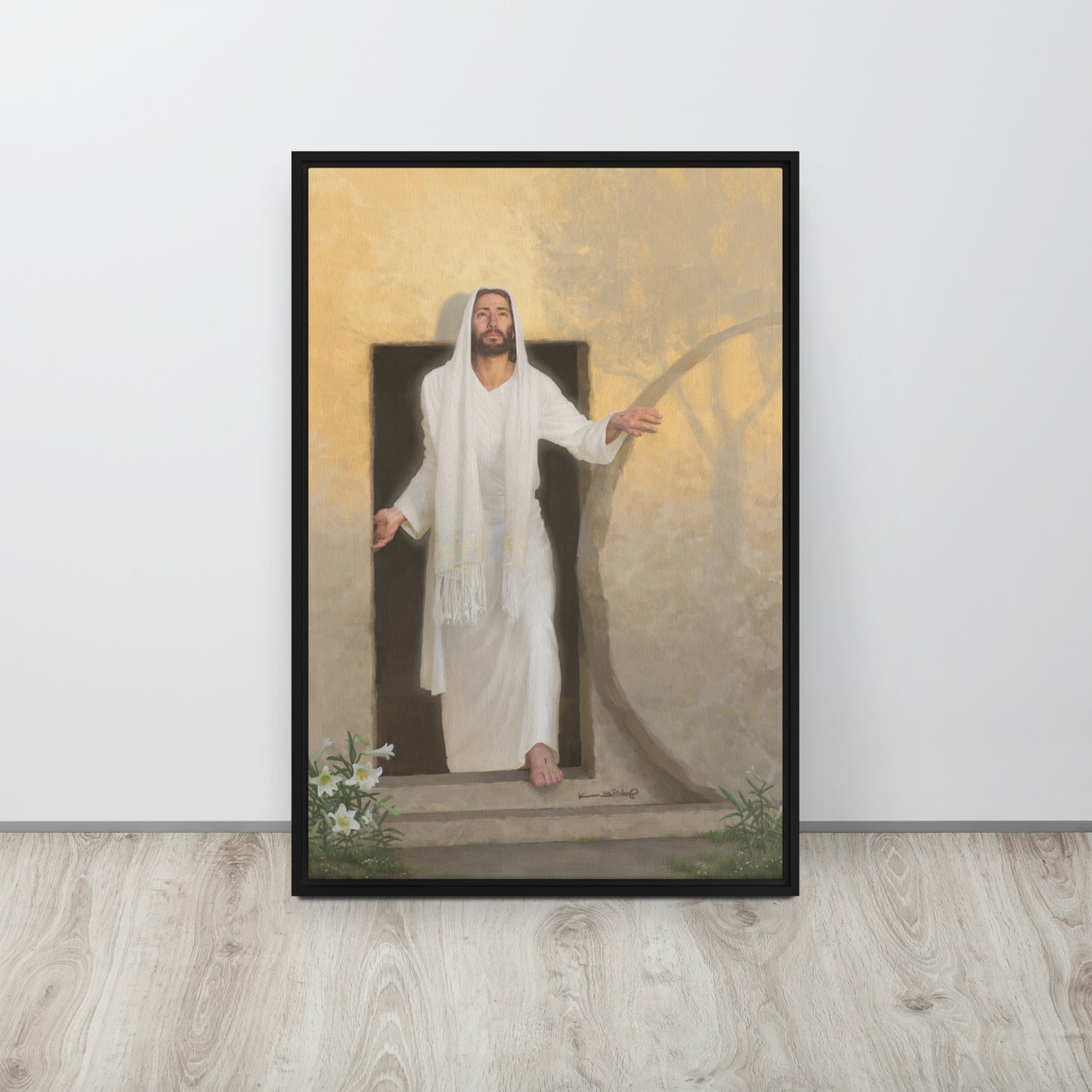 framed canvas print of The resurrected Christ emerging from the tomb bathed in radiant morning light rays