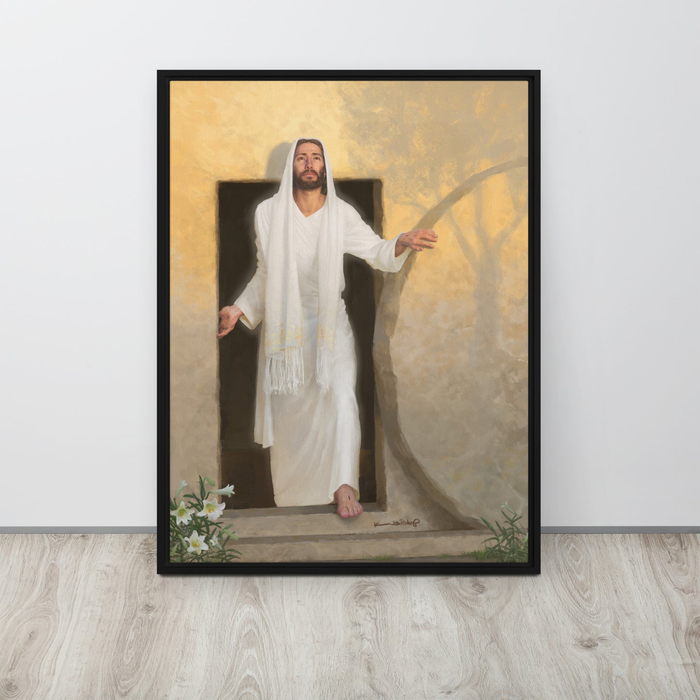 framed canvas print of The resurrected Christ emerging from the tomb bathed in radiant morning light rays