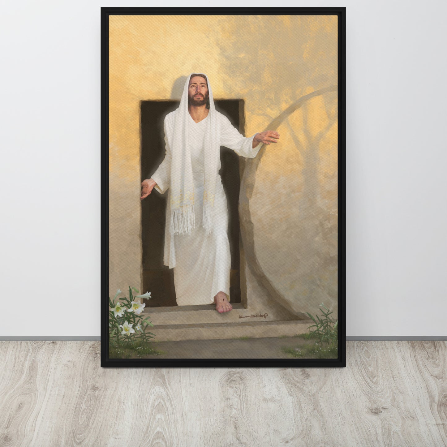 large framed canvas print of The resurrected Christ emerging from the tomb bathed in radiant morning light rays