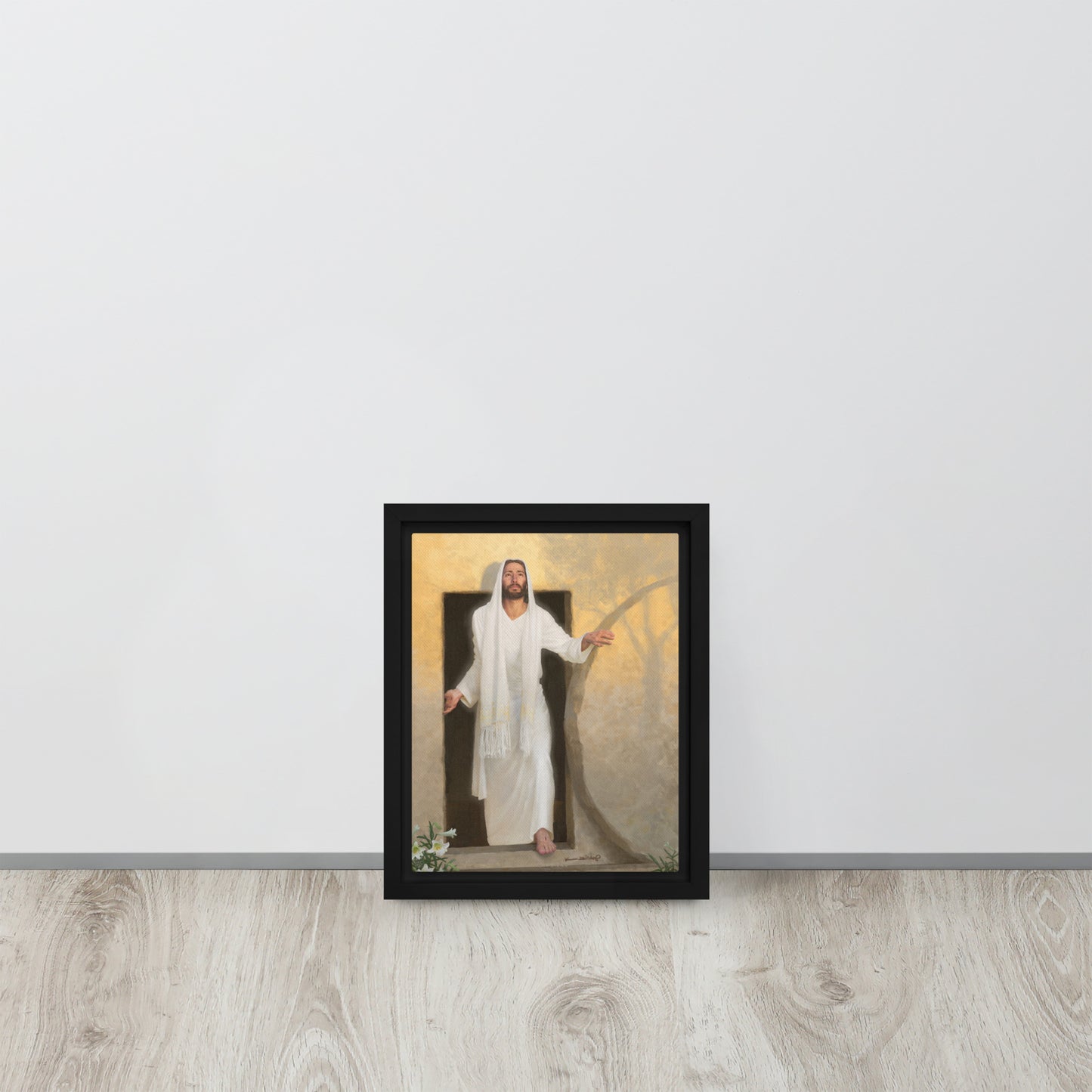 small framed canvas print of The resurrected Christ emerging from the tomb bathed in radiant morning light rays