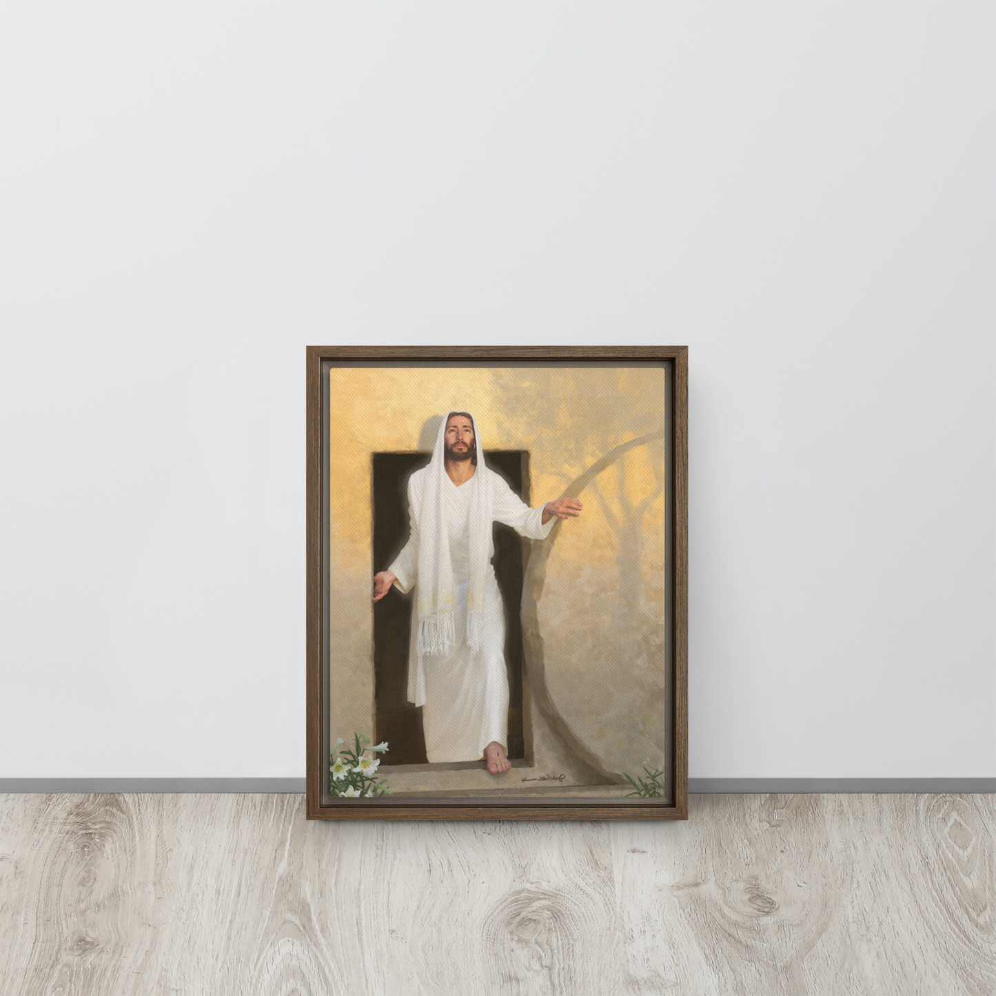 framed canvas print of The resurrected Christ emerging from the tomb bathed in radiant morning light rays