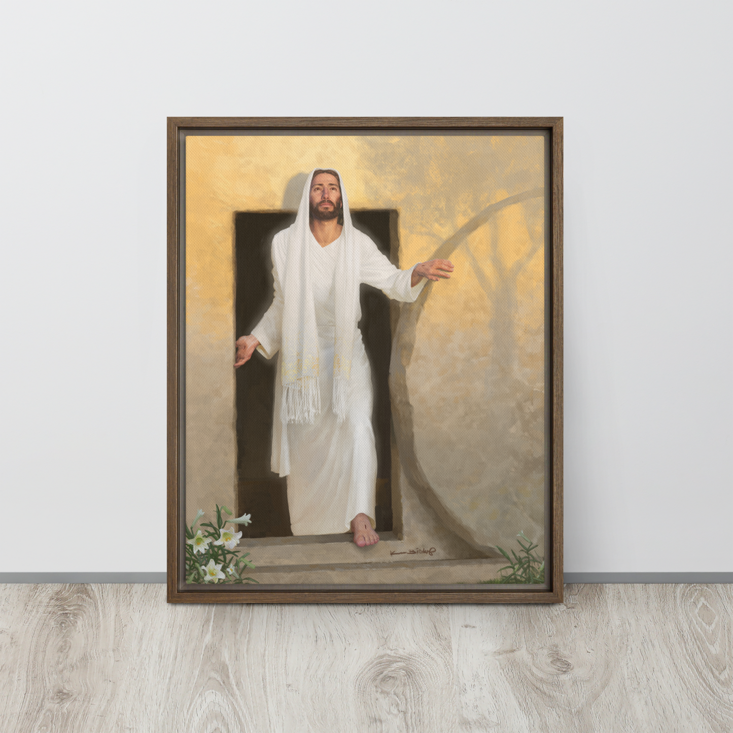 framed canvas print of The resurrected Christ emerging from the tomb bathed in radiant morning light rays