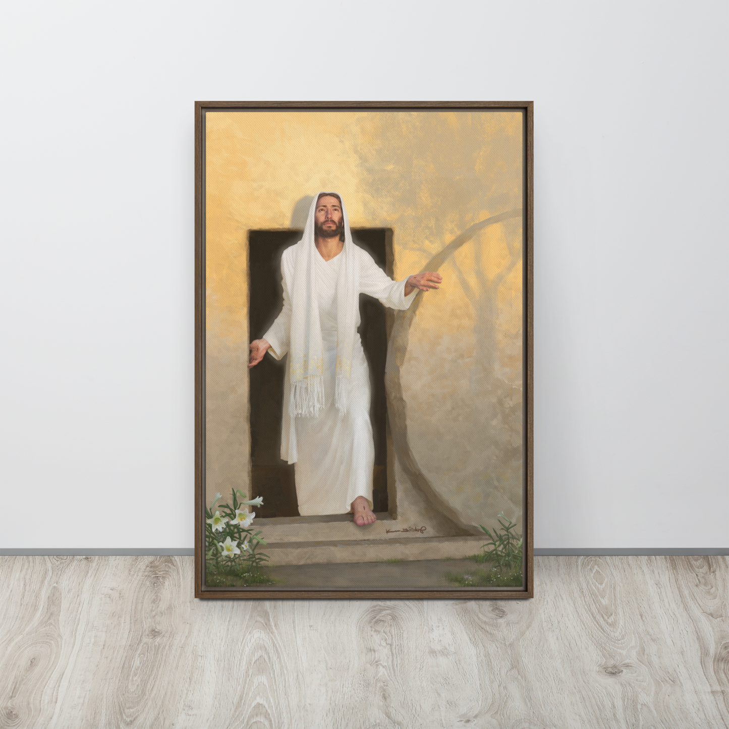 framed canvas print of The resurrected Christ emerging from the tomb bathed in radiant morning light rays
