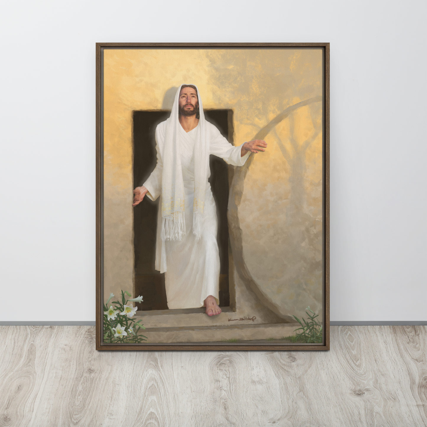 framed canvas print of The resurrected Christ emerging from the tomb bathed in radiant morning light rays