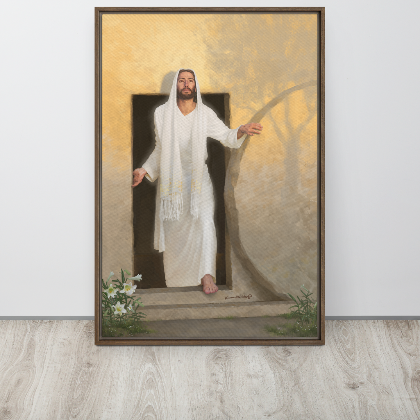framed canvas print of The resurrected Christ emerging from the tomb bathed in radiant morning light rays