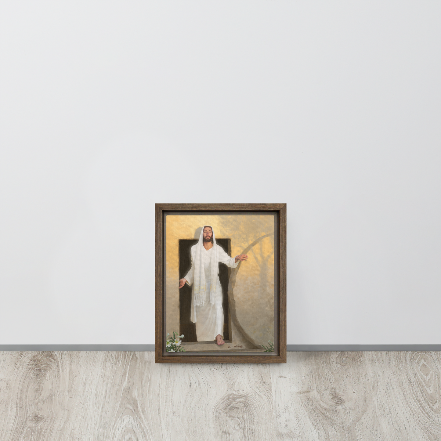 small framed canvas print of The resurrected Christ emerging from the tomb bathed in radiant morning light rays