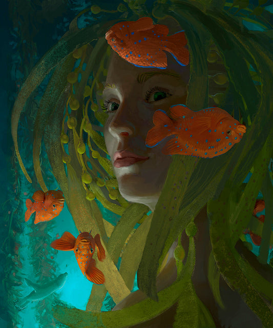 beautiful serene mermaid with kelp hair with brightly colored fish swimming nearby