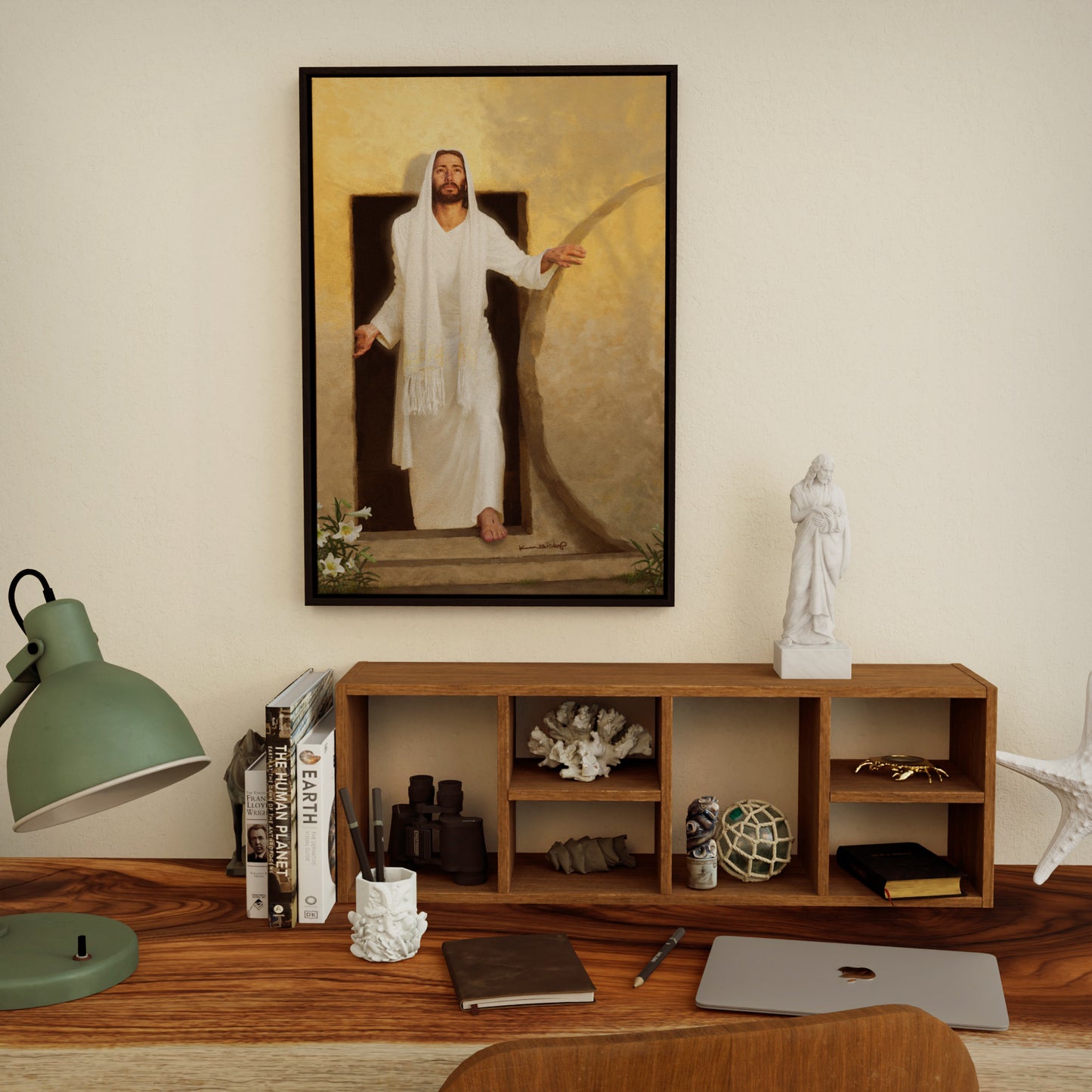 framed canvas print of The resurrected Christ emerging from the tomb bathed in radiant morning light rays