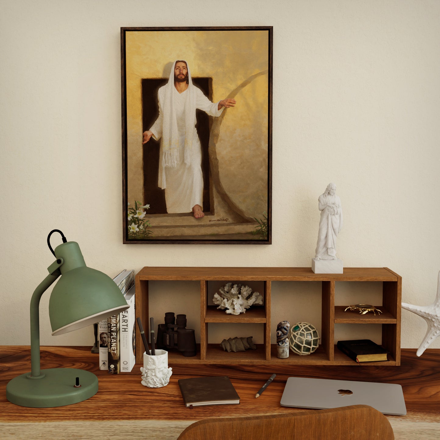 framed canvas print of The resurrected Christ emerging from the tomb bathed in radiant morning light rays