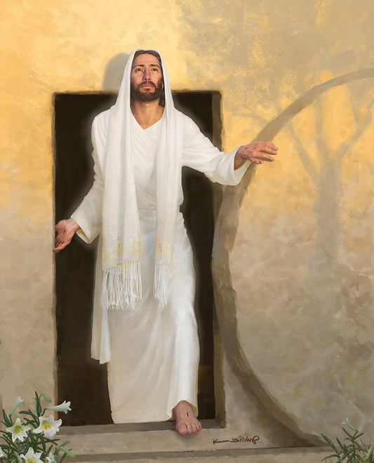 The Resurrected Christ emerging from the tomb bathed in radiant morning light rays