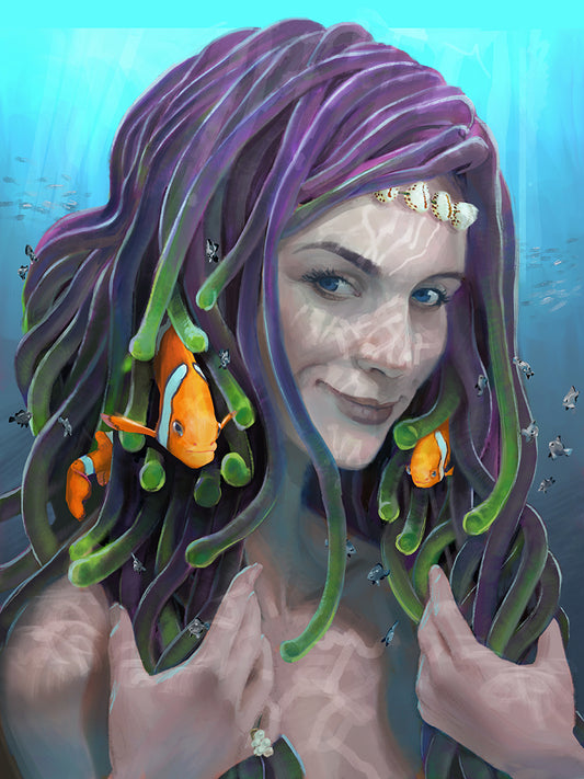 painting of an anemone mermaid with little clownfish swimming around in her hair,