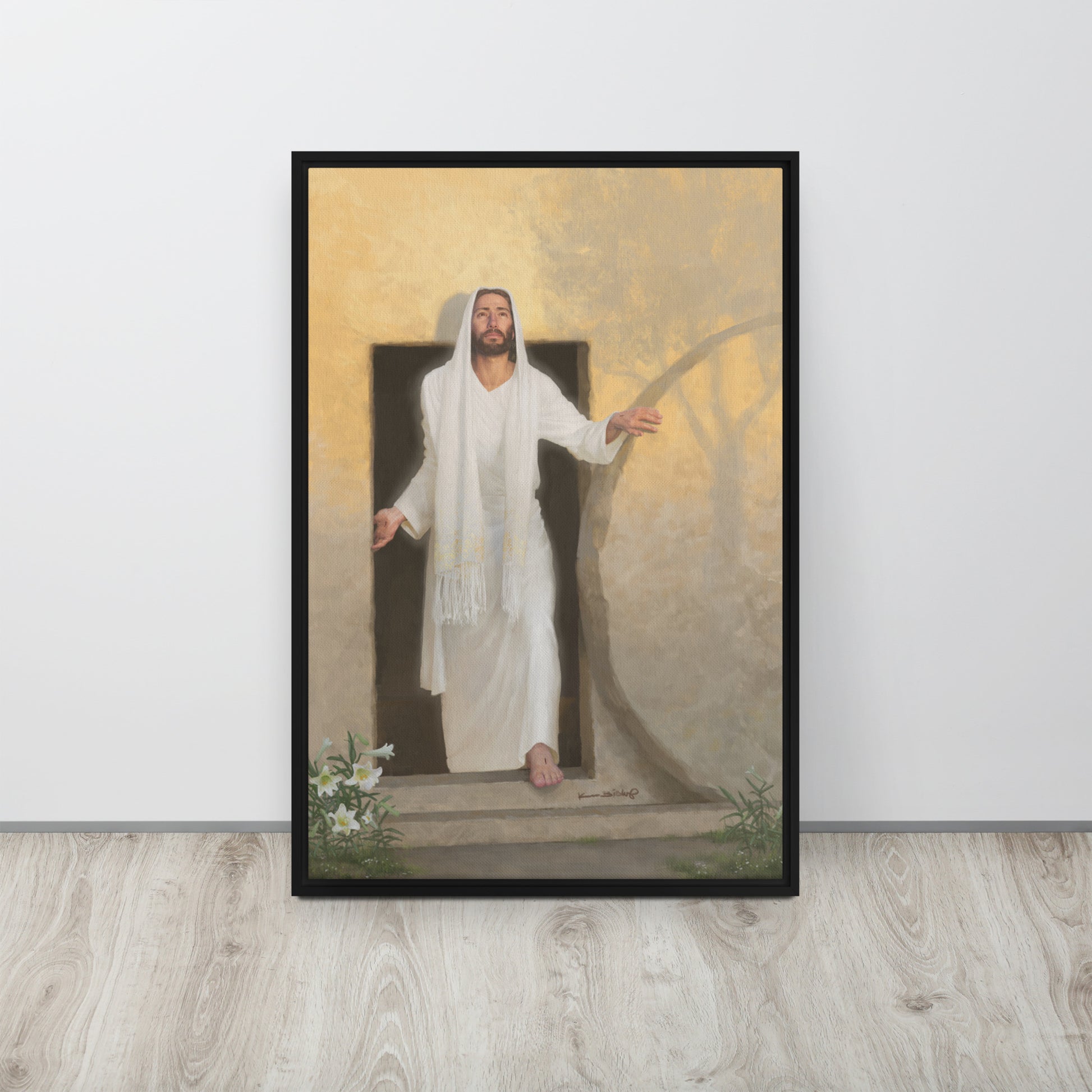 framed canvas print of The resurrected Christ emerging from the tomb bathed in radiant morning light rays