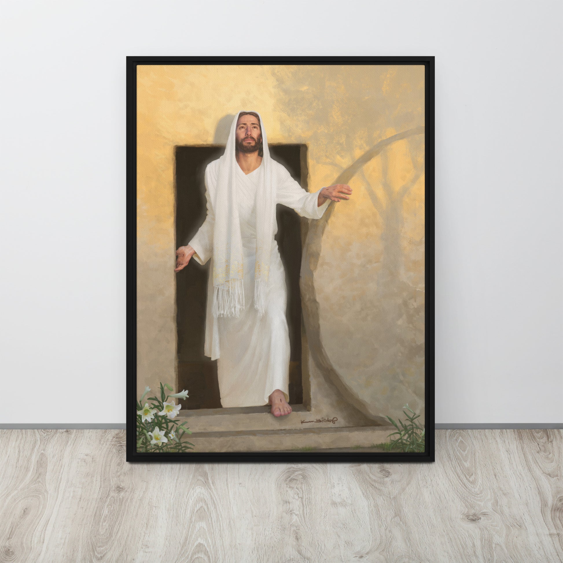 framed canvas print of The resurrected Christ emerging from the tomb bathed in radiant morning light rays