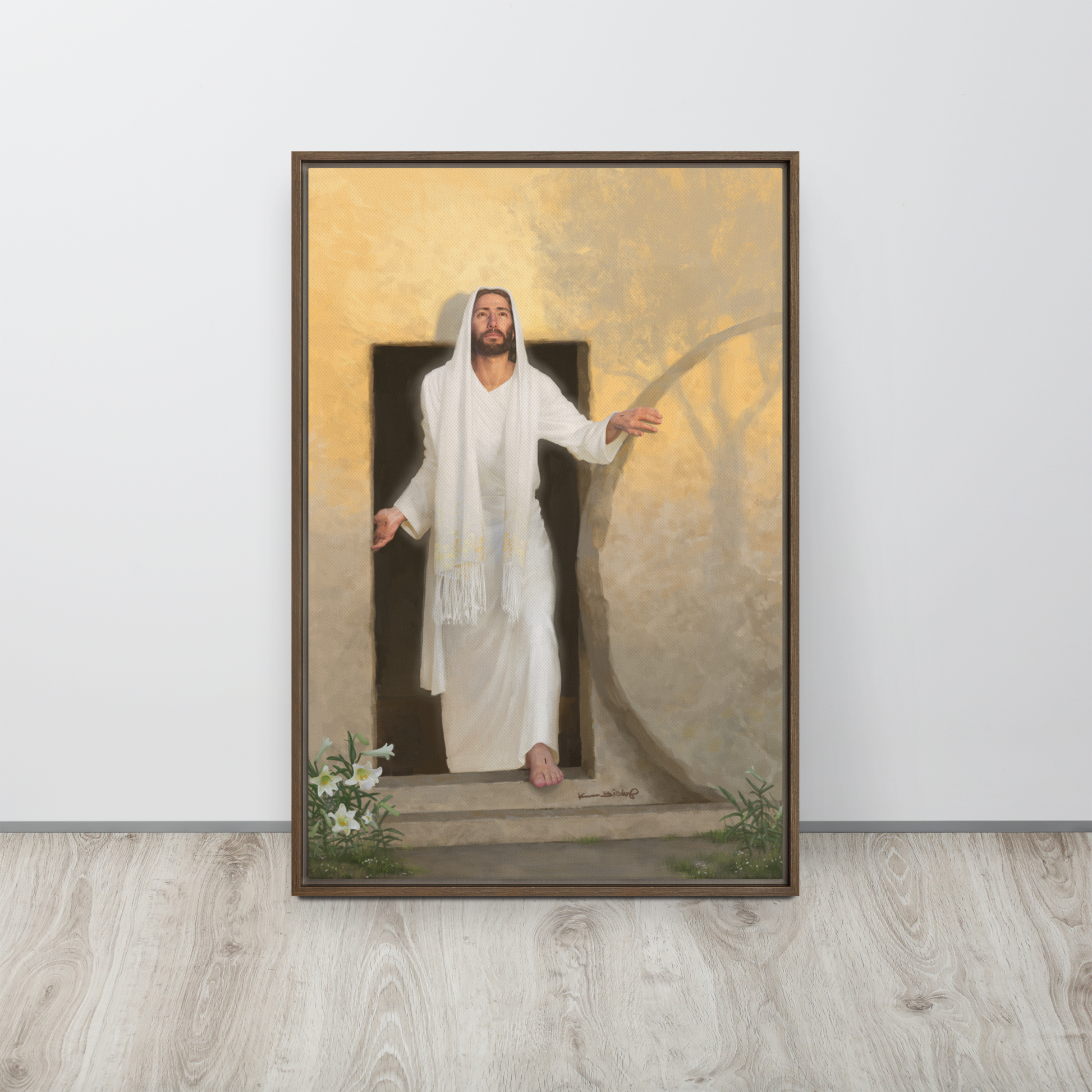 framed canvas print of The resurrected Christ emerging from the tomb bathed in radiant morning light rays