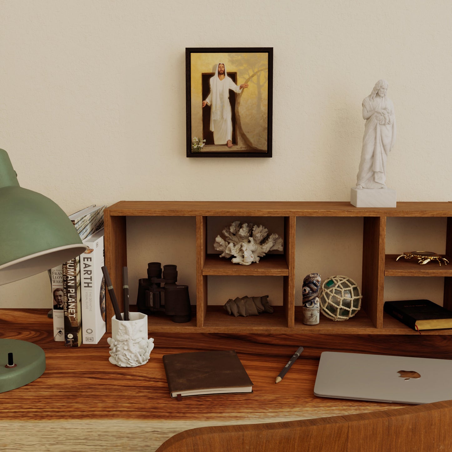 8X10 black wood framed canvas painting of The Resurrected Christ emerging from the tomb bathed in radiant morning light rays