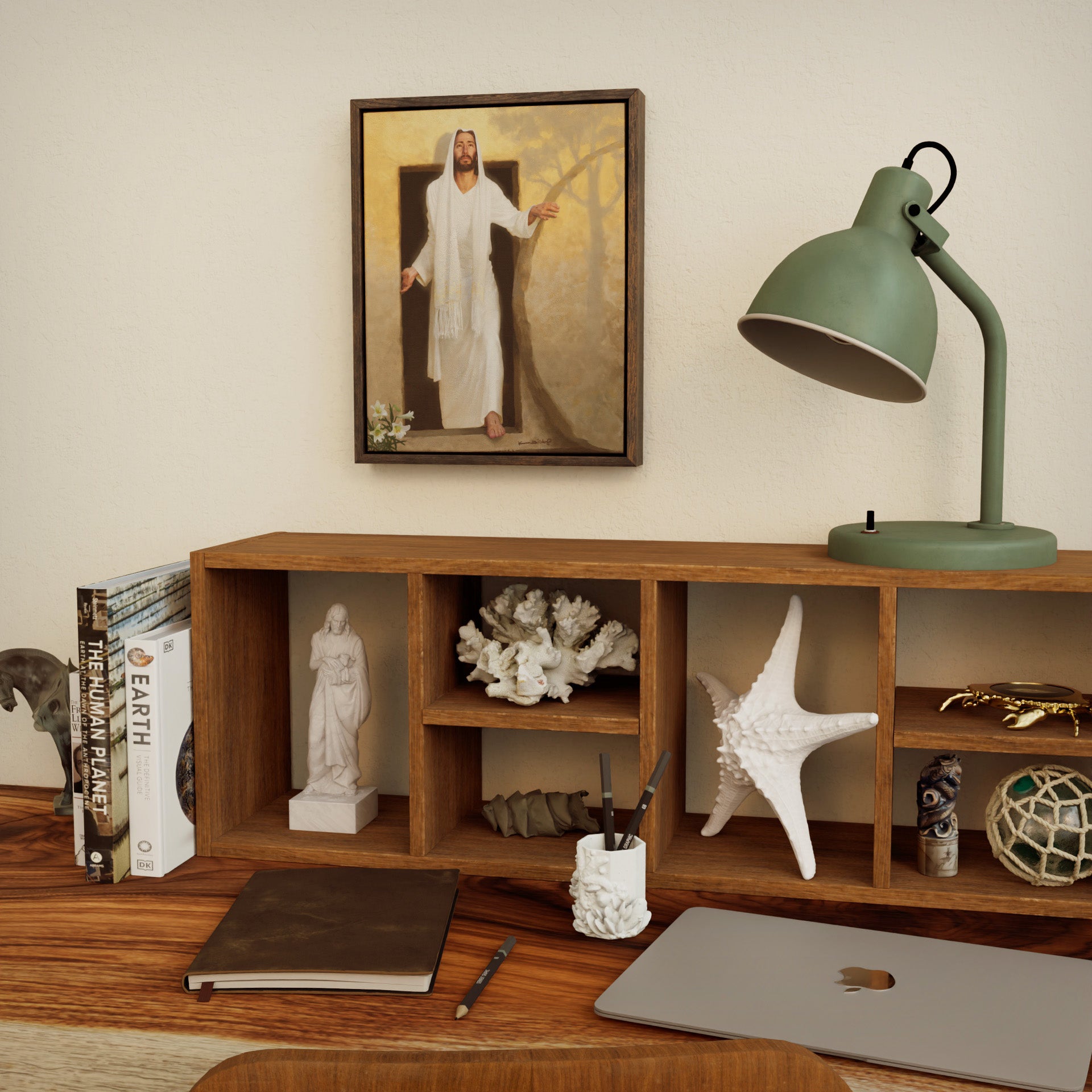 framed canvas painting of The Resurrected Christ emerging from the tomb bathed in radiant morning light rays