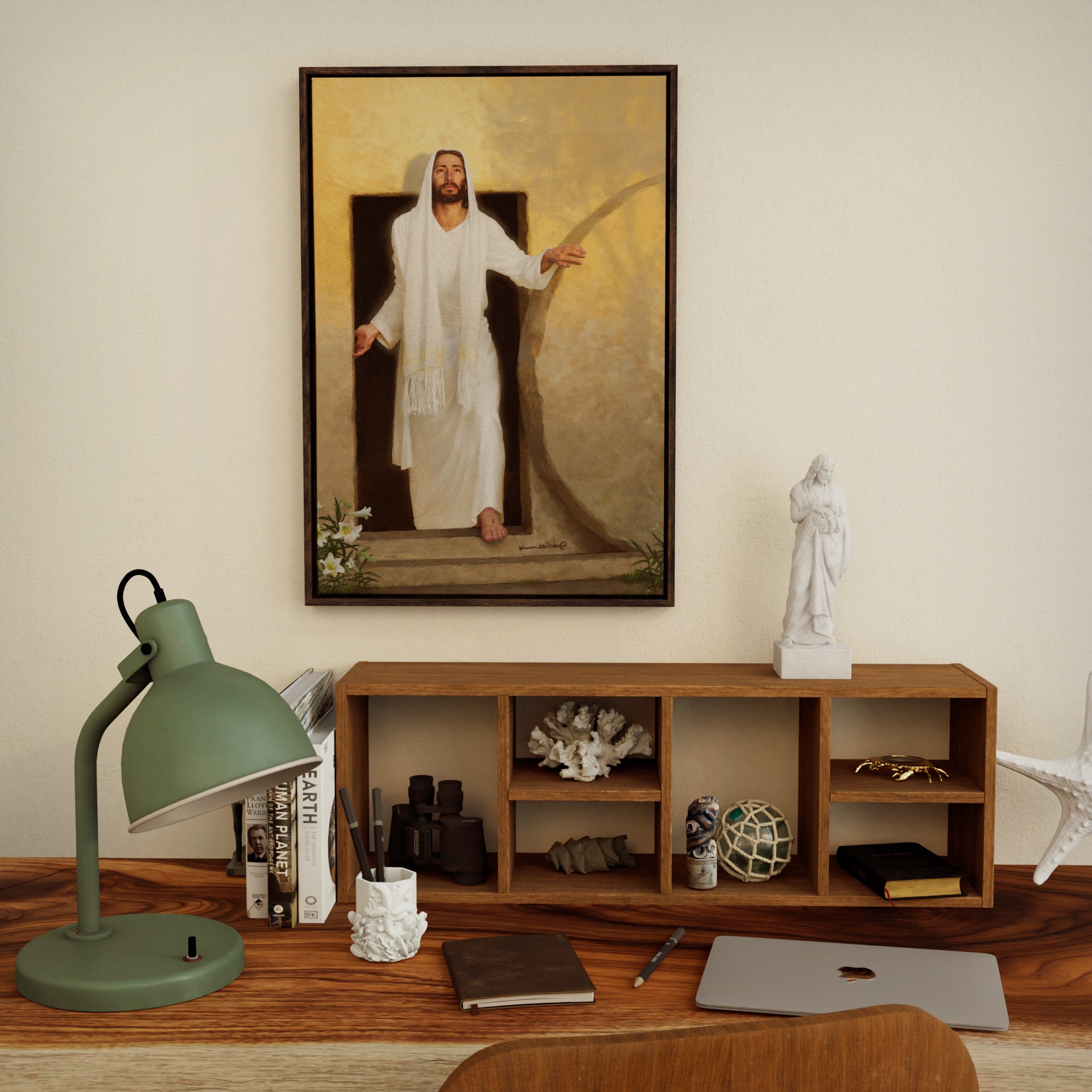framed canvas print of The resurrected Christ emerging from the tomb bathed in radiant morning light rays
