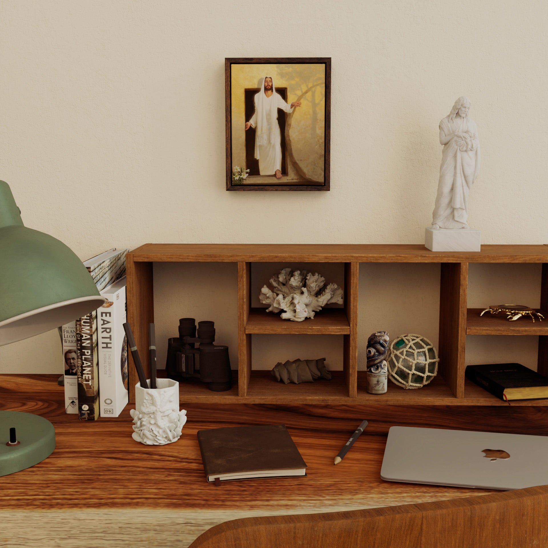 8X10 brown wood framed canvas painting of The Resurrected Christ emerging from the tomb bathed in radiant morning light rays