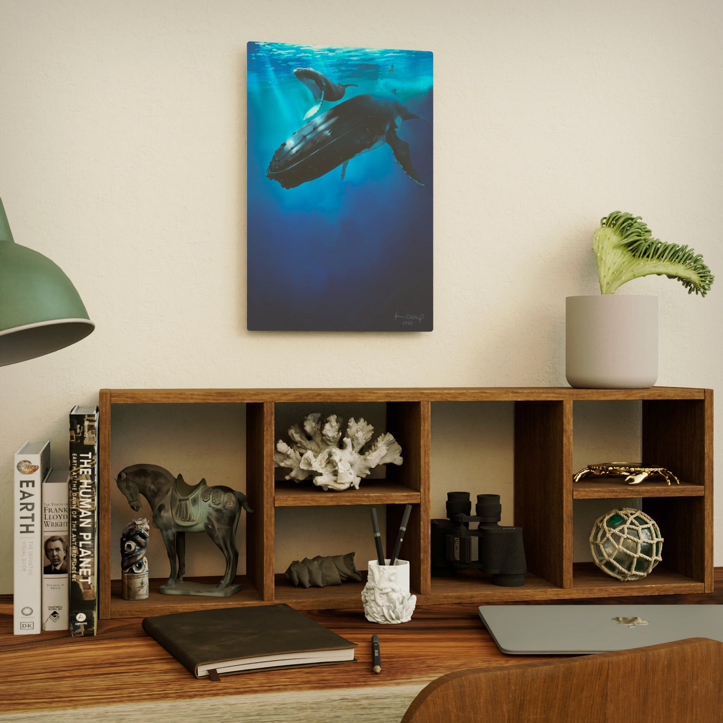 metal print of a humpback whale and her calf swimming underwater in a deep blue ocean, watched from above by surfers